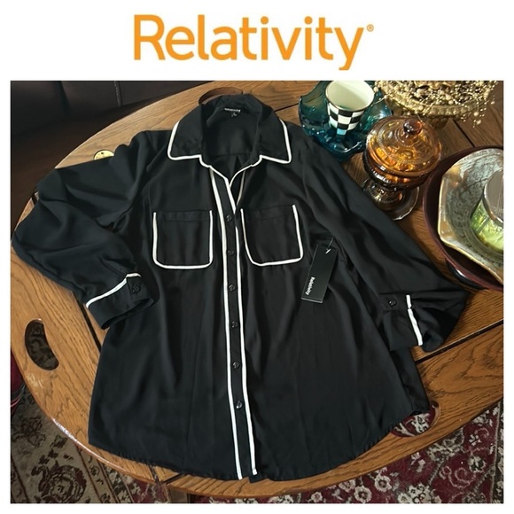 Sheer Black & White Blouse with Roll Tab Sleeves and Chest Pockets - Picture 2 of 14